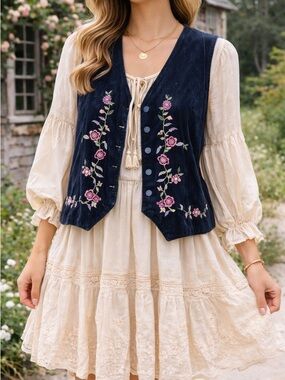 VINTAGE 90s Velvet Floral Embroidered Vest Med Boho Renaissance Cottagecore Blue